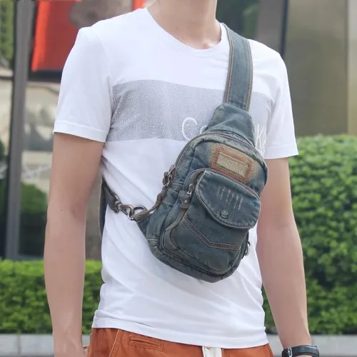 Denim Vintage Blue Messenger Bag Chest Bag Jean Blue One Shoulder Backpack For Men