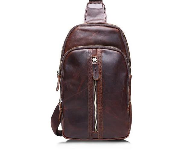 Cool Mens Red Brown Leather Chest Bag Sling Bag Crossbody Sling Bag For Men