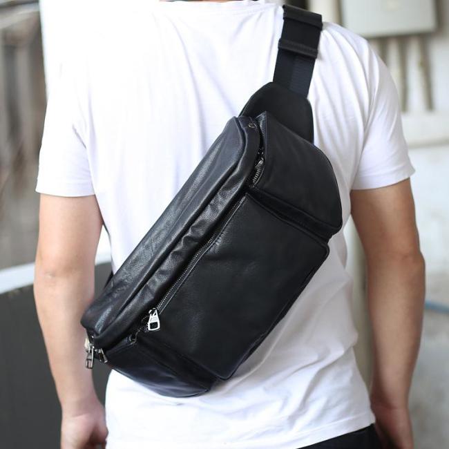 Large Black Leather Fanny Pack Men's Black Chest Bag Hip Bag Large Capacity Waist Bag For Men