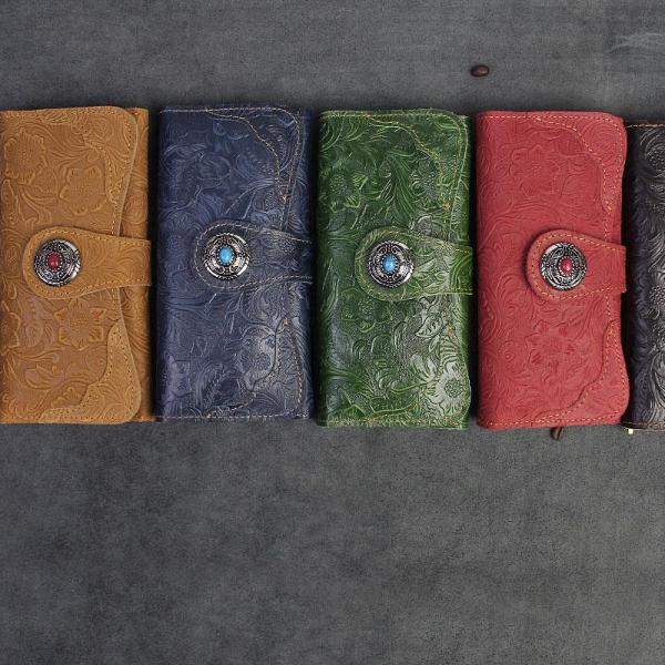Handmade Leather Floral Mens Cool Travel Long Wallet Card Holder Card Slim Clutch Wallets for Men