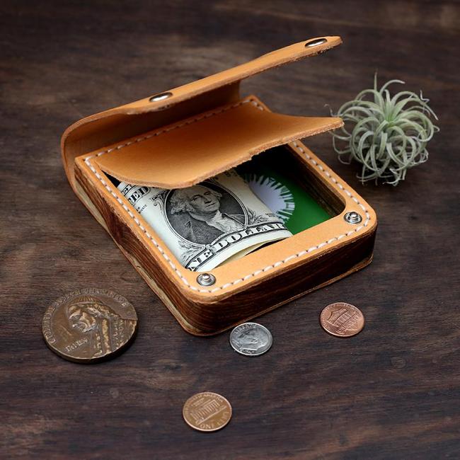 Cool Handmade Wooden Brown Leather Mens Wallet Small Card Holder Coin Wallet for Men