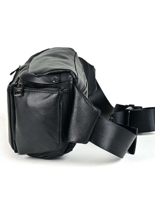 Large Black Leather Fanny Pack Men's Black Chest Bag Hip Bag Large Capacity Waist Bag For Men