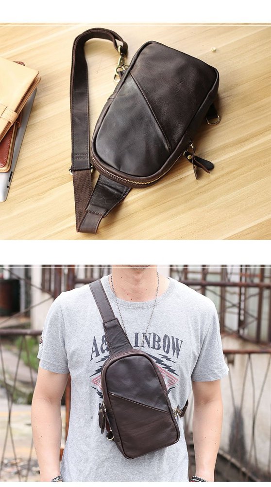 Vintage Dark Brown Leather Mens Chest Bag Black Sling Bag Sling Pack For Men