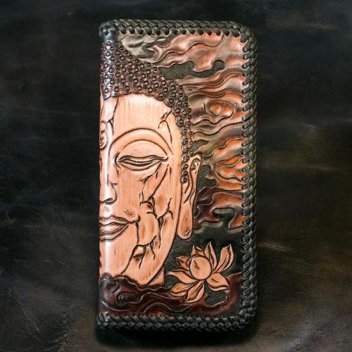 Handmade Leather Mens Clutch Wallet Tooled Cool Buddha Wallet Long Zipper Wallets for Men