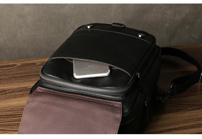 Black Leather Men's Convertible Sling Bag Small Backpack Black Travel Sling Bag For Men
