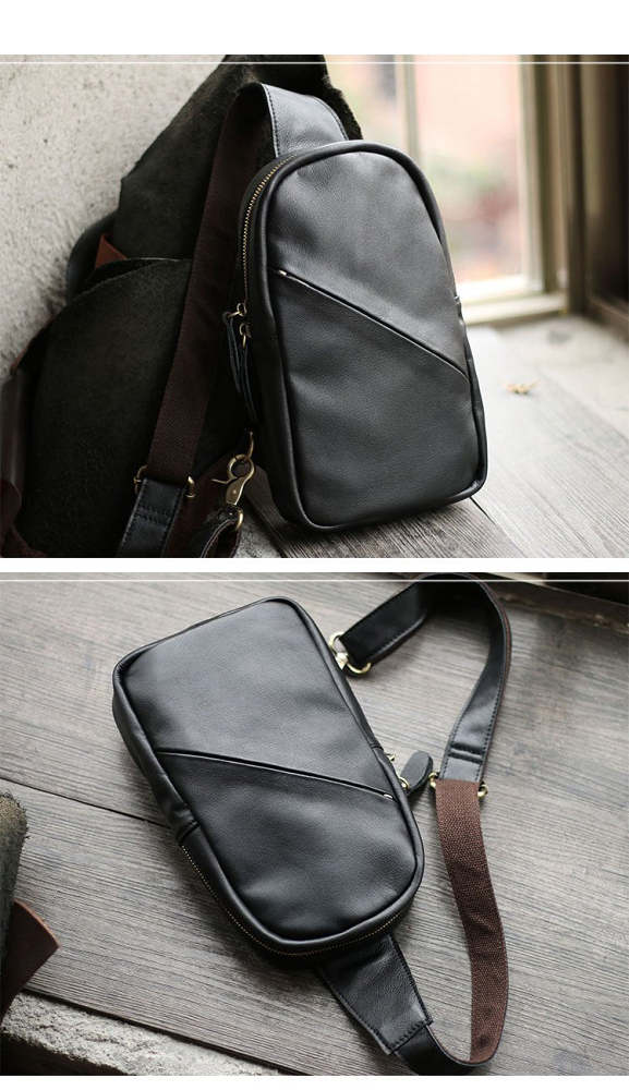 Vintage Dark Brown Leather Mens Chest Bag Black Sling Bag Sling Pack For Men