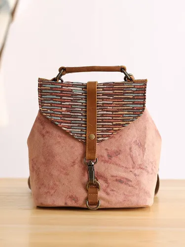 Cute Canvas Leather Mens Womens Small Pink Backpack Khaki Travel Backpack College Backpack for Men