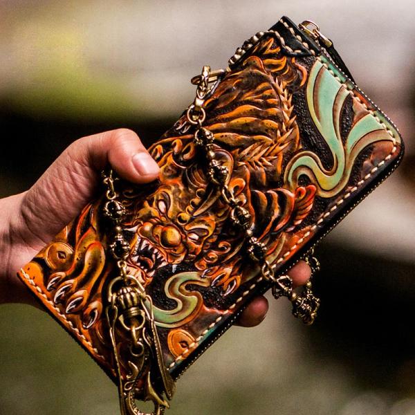 Handmade Leather Mens Tooled Monster Chain Biker Wallet Cool Leather Wallet Long Clutch Wallets for Men