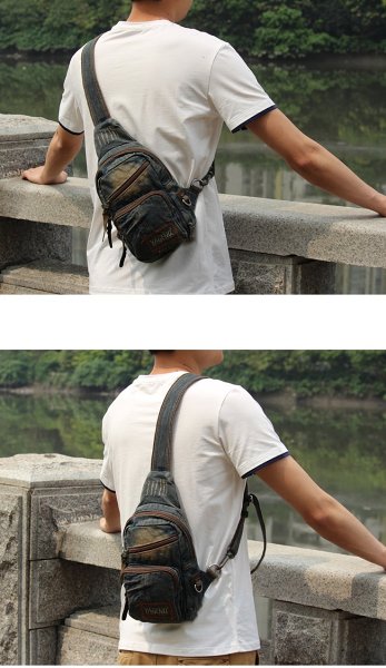 Fashion Denim Blue Mens Sling Bag Chest Bags Denim Sling Pack One Shoulder Backpacks For Men