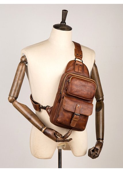Casual Brown Leather Mens Sling Pack Sling Bag Chest Bags One Shoulder Backpack for Men