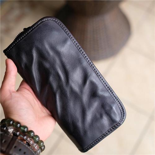 Vintage Brown Leather Men's Long Wallet Black Clutch Wallet Zipper Long Wallet For Men