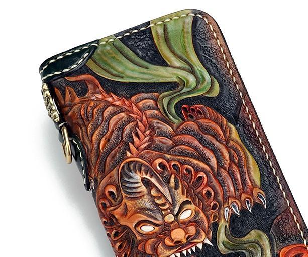 Handmade Leather Fortune Pixiu Mens Chain Biker Wallet Cool Leather Wallet With Chain Wallets for Men