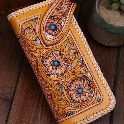Handmade Mens Cool Tooled Floral Leather Chain Wallet Biker Trucker Wallet with Chain