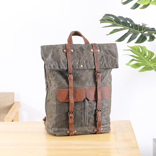 Waxed Canvas Leather Mens 15‘’ Green Waterproof Backpack Khaki Travel Backpack Hiking Backpack for Men