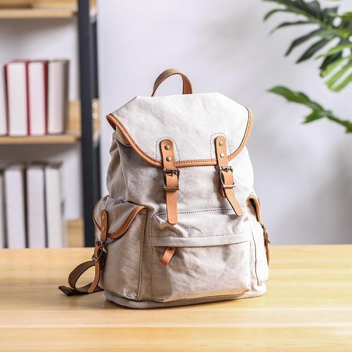Cool Canvas Leather Mens Womens 13'' White Backpack Khaki Travel Backpack College Backpack  for Men