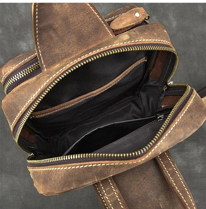 Cool Leather Mens 10 Brown Sling Bag Chest Bag Dark Coffee One Shoulder Backpack for Men