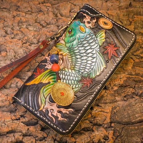 Handmade Leather Carp Mens Chain Biker Wallet Cool Leather Wallet Long Clutch Wallets for Men