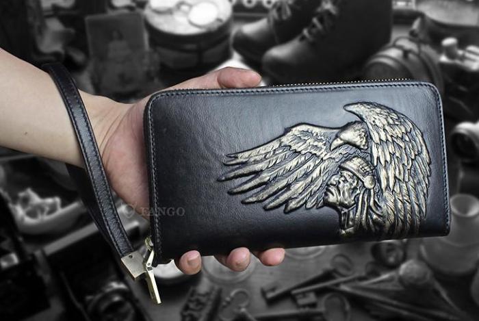 Handmade Leather Mens Tooled Indian Cool Zipper Phone Travel Long Wallet Card Holder Card Slim Clutch Wallets for Men
