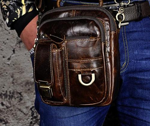 Mens Leather Small Side Bag COURIER BAG Waist Bag Holster Belt Case Belt Pouch for Men