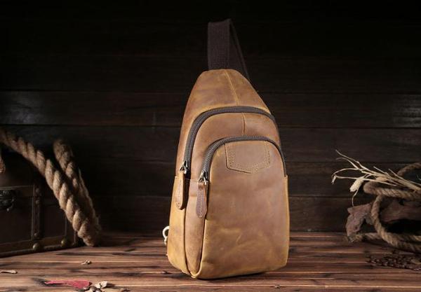 Genuine Leather Mens Cool Chest Bag Sling Bag Crossbody Bag Travel Bag Hiking Bag for men