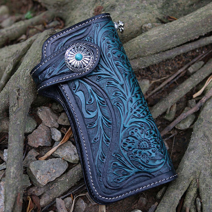 Handmade Tooled Leather Floral Biker Chain Wallet Mens Long Wallet with Chain for Men