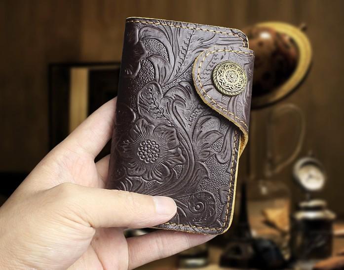 Handmade Leather Floral Mens Cool Key Wallet Wallet Card Holder Small Card Keychain Wallets for Men