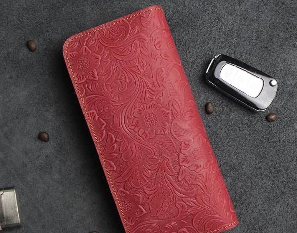 Handmade Leather Floral Mens Cool Travel Long Wallet Card Holder Card Slim Clutch Wallets for Men