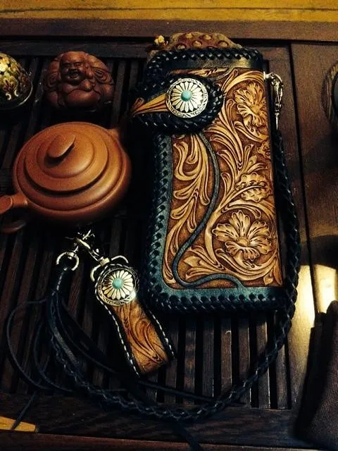 Handmade Mens Cool Tooled Floral Leather Chain Wallet Biker Trucker Wallet with Chain