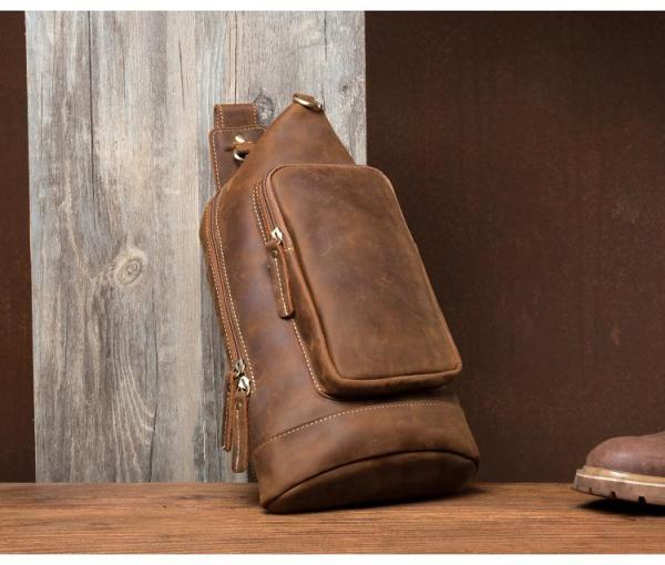 Brown Casual Leather Mens 8 inches Sling Bags Chest Bags One Shoulder Backpack for Men
