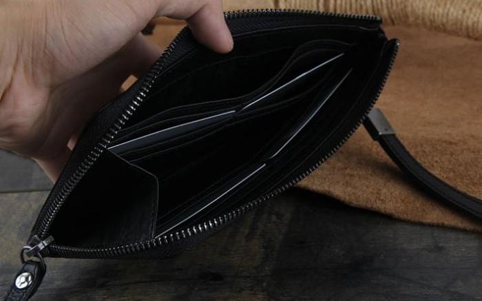 Genuine Leather Mens Clutch Cool Slim Wallet Zipper Clutch Wristlet Wallet for Men