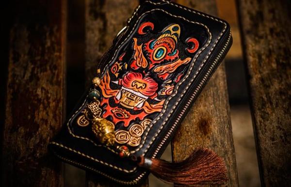 Handmade Leather Mens Tooled Monster Chain Biker Wallet Cool Leather Wallet Long Clutch Wallets for Men