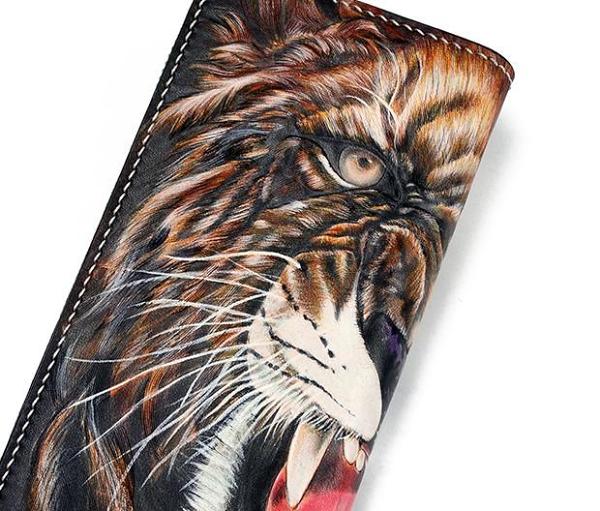 Handmade Leather Tooled Tiger Mens Chain Zipper Biker Wallet Cool Leather Wallet Long Phone Wallets for Men