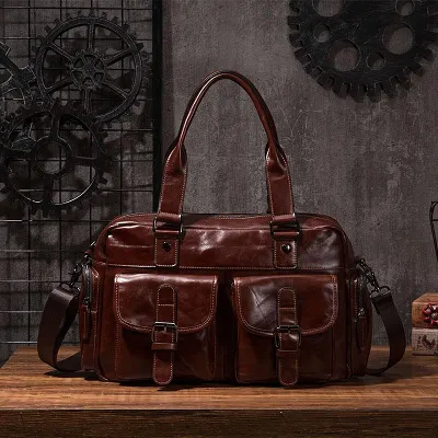 Cool Leather Mens Travel Bag Overnight Bag Work Handbags Business Bag for Men