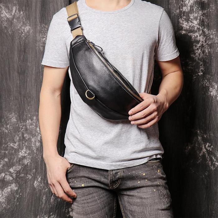 Top Leather Fanny Pack Men's Black Chest Bag Hip Bag Leather Belt Bag For Men