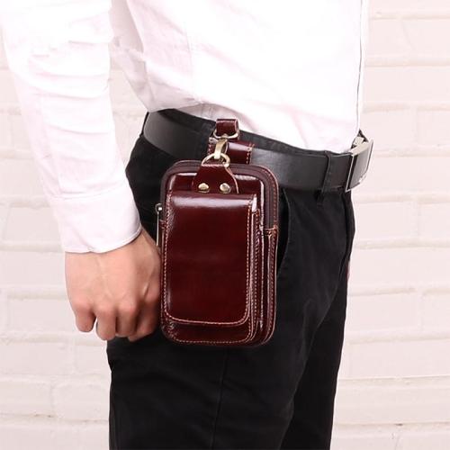 Cool Red Brown Oil Waxed Leather Mens Belt Case Belt Pouch Mini Waist Pouch Belt Bags For Men