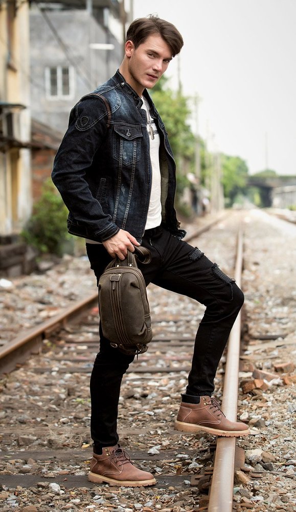 Casual Dark Brown Leather Mens One Shoulder Backpacks Sling Bags Chest Bags for Men