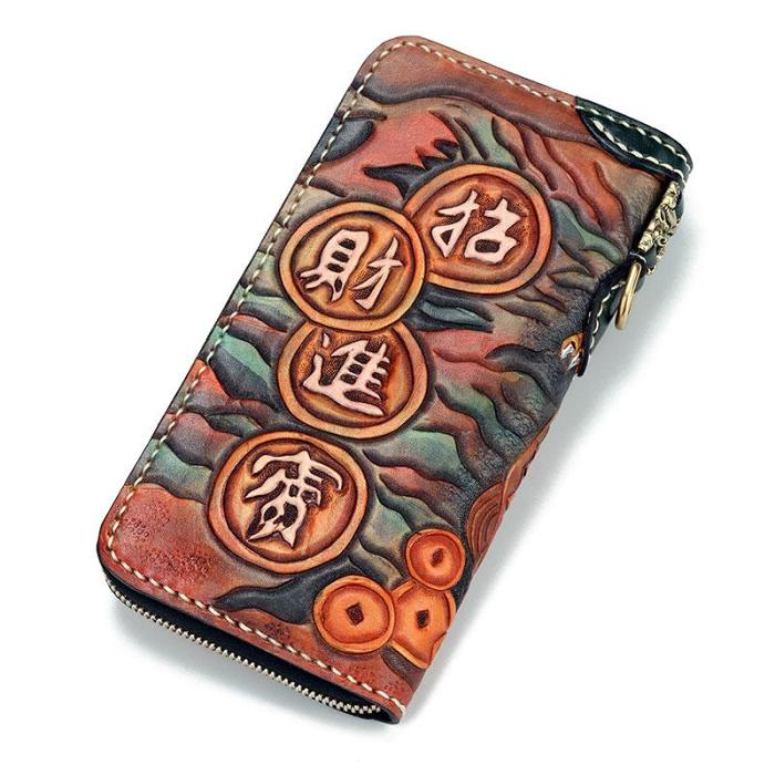 Handmade Leather Fortune Pixiu Mens Chain Biker Wallet Cool Leather Wallet With Chain Wallets for Men