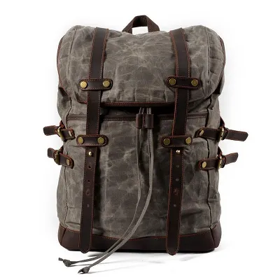 Mens Leather Waxed Canvas Backpack Hiking Waterproof Backpack Canvas And Leather Backpack