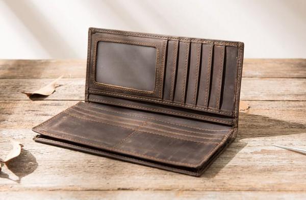 Vintage Slim Cool Mens long Wallet Leather Wallet Bifold Long Wallets for Men