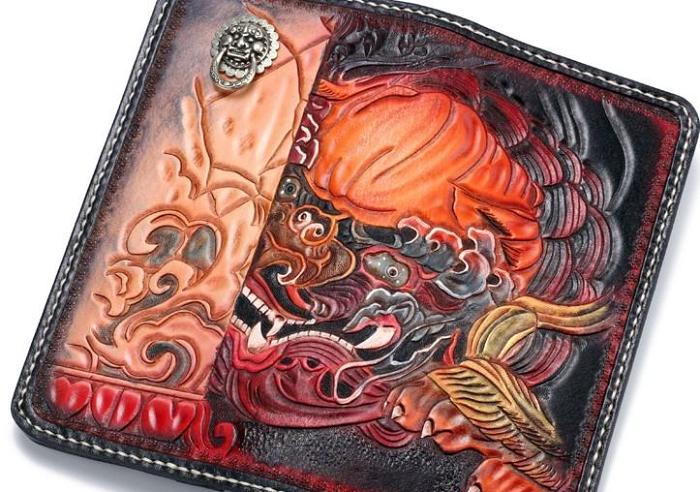 Handmade Leather Chinese Lion Mens Chain Biker Wallet Cool Leather Wallet With Chain Wallets for Men