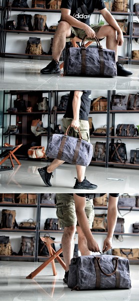 Waxed Canvas Leather Mens Large Travel Weekender Bag Waterproof Duffle bag for Men