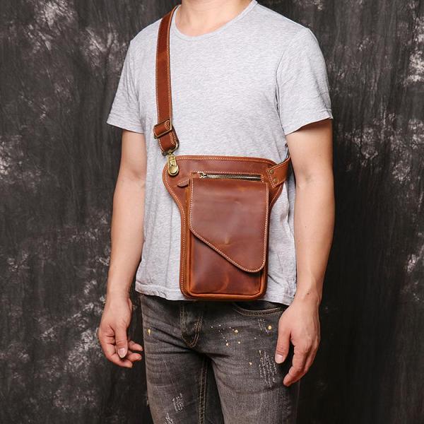 Brown MENS LEATHER FANNY PACK FOR MEN Coffee Drop Leg Bag BUMBAG WAIST BAGS