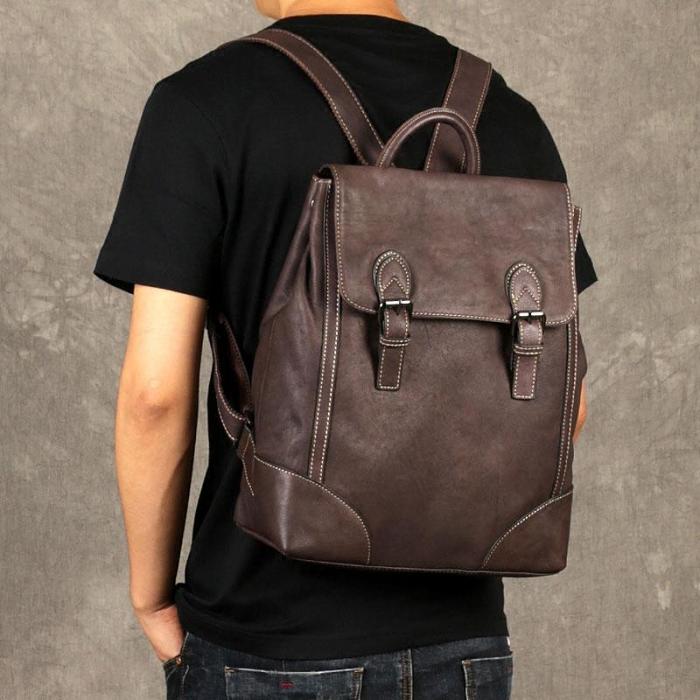 Genuine Leather Mens Cool Backpack Sling Bag Large Black Travel Bag Hiking Bag for men