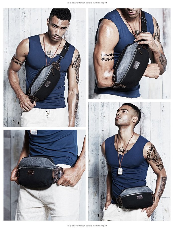 Casual Black Canvas Leather Fanny Pack Men's Chest Bag Hip Bag Waist Bags For Men
