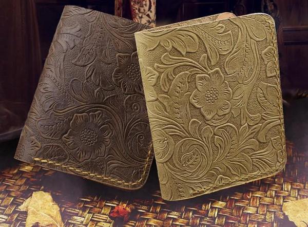 Handmade Leather Floral Mens Cool Slim Leather Wallet Men billfold Wallets Bifold for Men