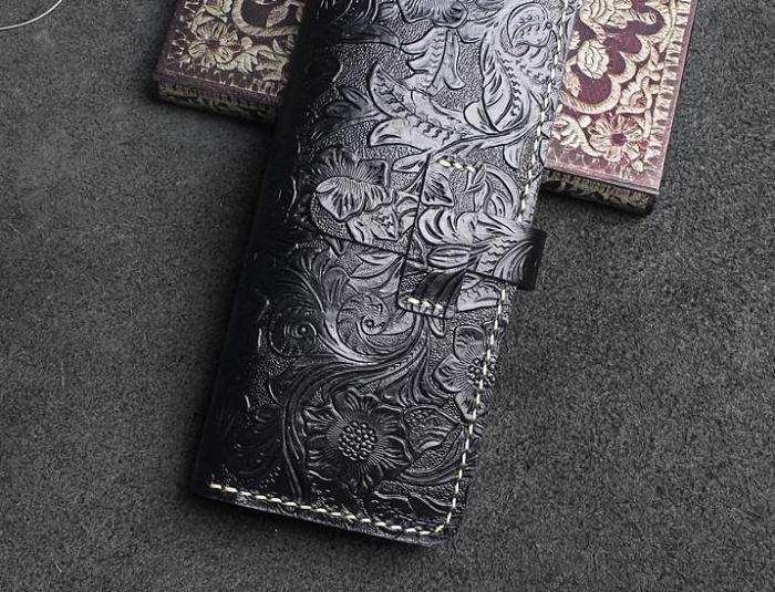 Handmade Leather Floral Mens Cool Travel Long Wallet Card Holder Card Slim Clutch Wallets for Men