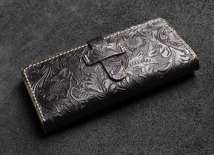 Handmade Leather Floral Mens Cool Travel Long Wallet Card Holder Card Slim Clutch Wallets for Men