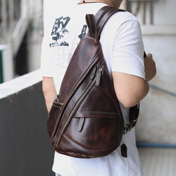 Brown Leather Men's Sling Bag Chest Bag Vintage One shoulder Backpack For Men