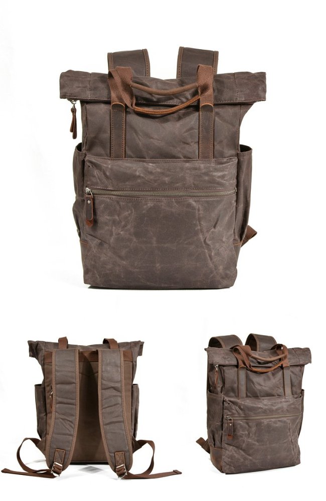 Cool Canvas Leather Mens Black College Backpack 15'' Computer Backpack Travel Backpack Hiking Bag for Men