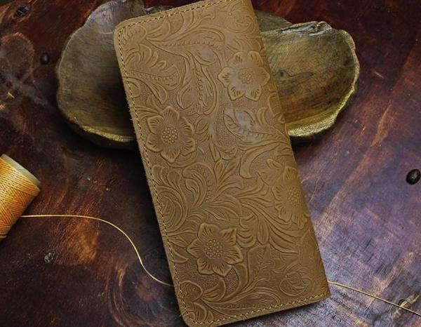 Handmade Leather Floral Mens Cool Travel Long Wallet Card Holder Card Slim Clutch Wallets for Men